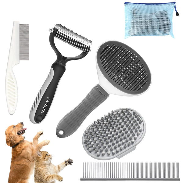 5 in 1 Dog Grooming Kit - Shedding Brush Set for Short & Long Haired Pets - Self-Cleaning Slicker Brush - Gray,