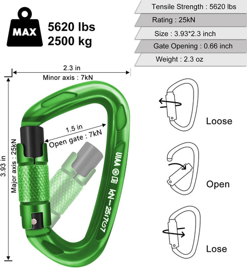 UIAA Certified Heavy Duty Large Locking Carabiner Clips - 25kN Auto Locking for Climbing and Rappelling
