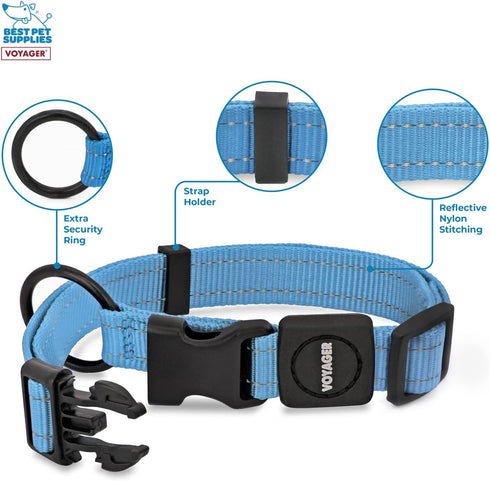 Best Pet Supplies Reflective Dog Collar with Adjustable Length, Heavy-Duty Buckle, and Strong Leash D-Ring, Training, Walking, Jogging Accessory for Small, Medium, and Large Breeds - Baby Blue, L