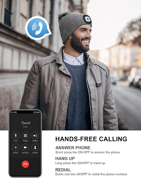 Wmcaps Bluetooth Beanie with Light, Unisex USB Rechargeable Hat with Cordless Headphones, Unique Gift for Men