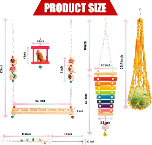 14PCS Chicken Toys for Coop Accessories, Swing Bridge Ladder Mirror Xylophone Toys with Bells Hanging String Vegetable
