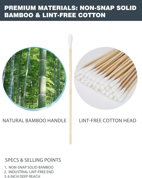 6 Inch (400 Count) Extra Long Cotton Swabs - Large Round Bamboo Cotton Buds for Dog Ear Cleaning, Deep Detail