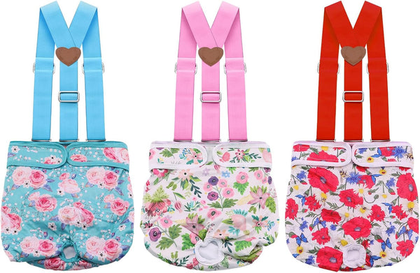 3 Pack Washable Female Dog Diaper with Suspender,Reusable Fixed Doggie Diapers Super