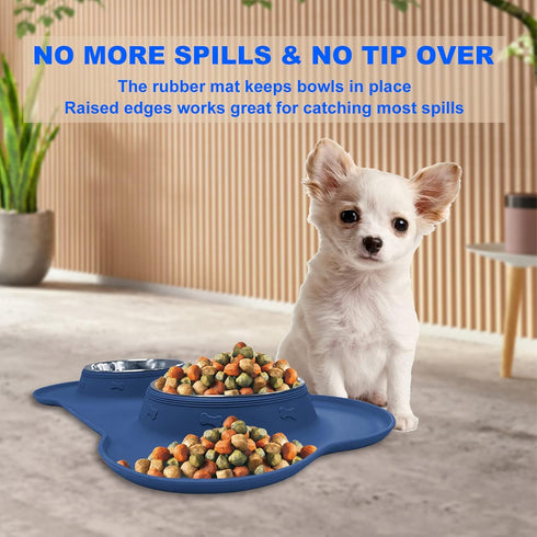 AsFrost Dog Food Bowls, Stainless Steel Set with Non-Slip Silicone Mat, Dog Dishes for Small Medium Dogs, Blue
