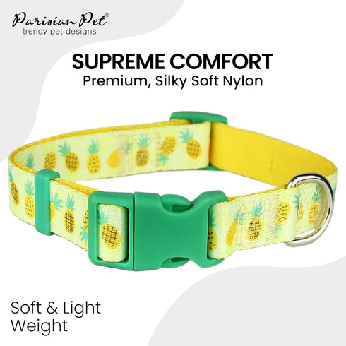 Parisian Pet Pineapple Dog Collar - Adjustable Pattern Buckle Safety Collar for Medium Dogs, Nylon-Breathable
