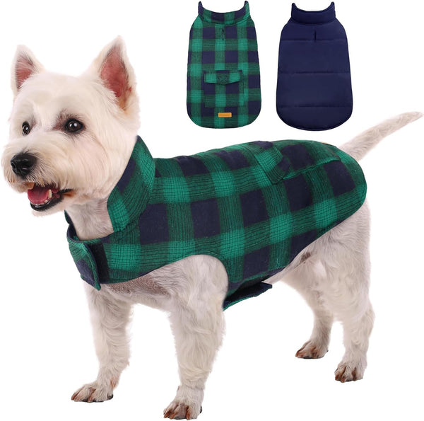 Kuoser Dog Winter Coat, Reversible British Style Jacket, Warm Cold Weather Vest for Small Dogs, Green S