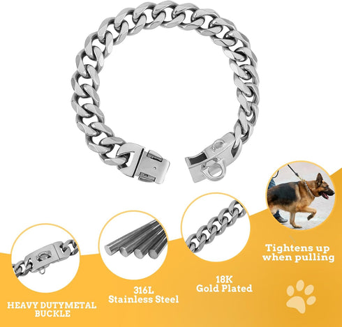 BAOBOTE 19mm Silver Chain Dog Collar, Luxurious Silver Cuban Link with Secure Snap Buckle for Large Pitbulls (12"