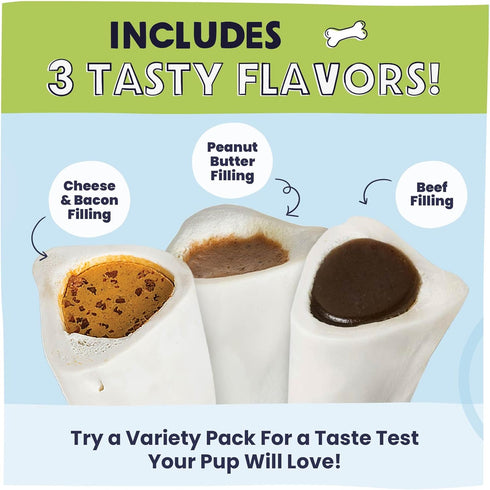 Pawstruck 3 Pack Small 3” Filled Dog Bones - Peanut Butter, Cheese & Bacon, Beef Flavors - Long Lasting Treats