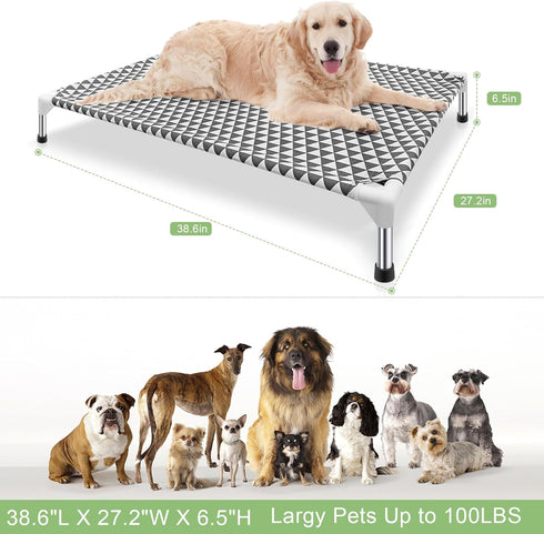 Elevated Outdoor Dog Bed, Updated Raised Pet Cot, Indoor Durable with No-Slip Rubber Feet, Fits up to 100lbs, Gray, L