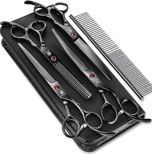 GLADOG Professional Dog Grooming Scissors Kit 6 in 1 with Safety Round Tips, Heavy-duty Shears for Dogs Cats Pets