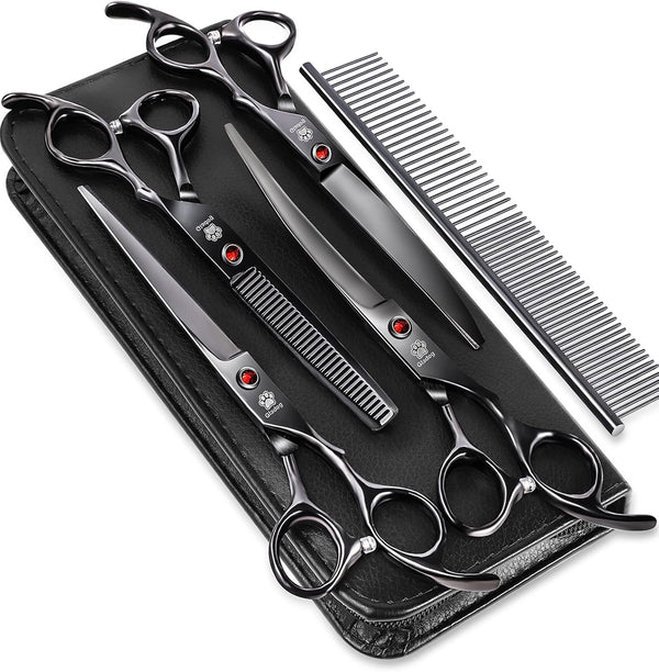 GLADOG Professional Dog Grooming Scissors Kit 6 in 1 with Safety Round Tips, Heavy-duty Shears for Dogs Cats Pets