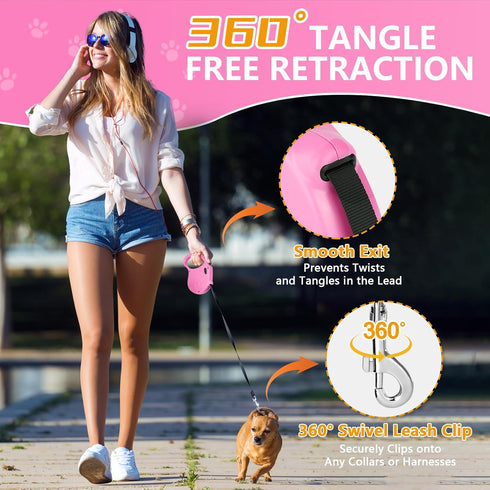 Retractable Dog Leash, 16ft Walking Leash for Small Dogs up to 77lbs, Non-Slip Handle - Pink