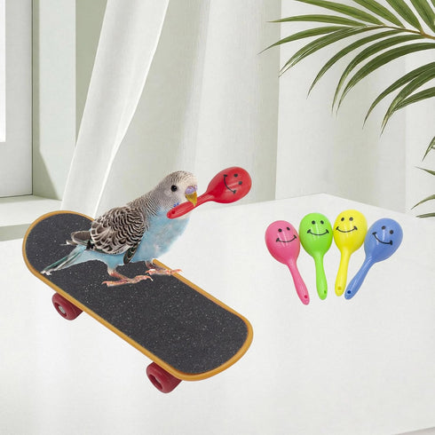 MinrzPet 4-in-1 Set Bird Activity Mini Skateboard, Stacking Rings, Rattle & Colorful Peg Toy | Interactive Toys