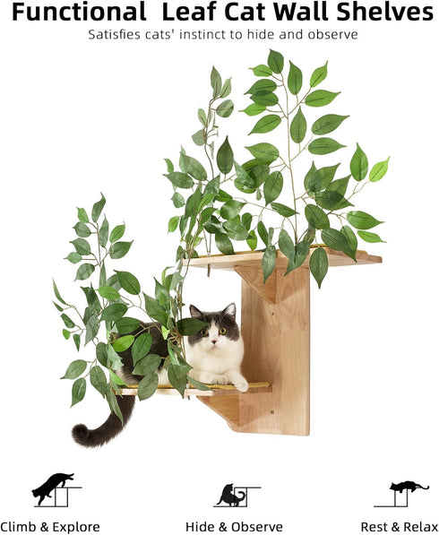 2 Meowoou Cat Wall Shelves with Leaves, Platform Cat Wall Furniture, Cat Tree Shelves, Rubber Wood Wall Perch with Mat