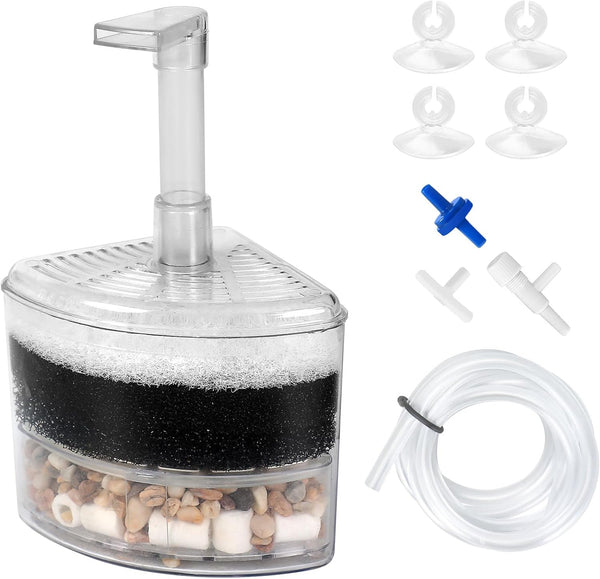 AQUANEAT Aquarium Air Driven Corner Sponge Filter for Nano Fish Tank - Includes Tubing, Valves and Suction Cups, up to