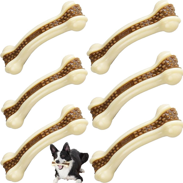 Dog Bones Chew Toys for Aggressive Chewers, 6 Pack Real Beef Flavor, Indestructible Teething Toys for All Breeds