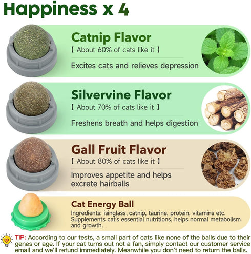 Potaroma 4 Pcs Catnip Ball Toys - 3 Silvervine Catnip Toys and 1 Edible Cat Energy Ball for All Breeds