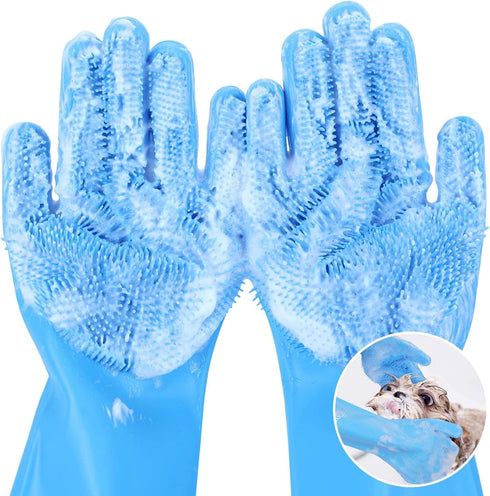 Pecute Heat Resistant Pet Grooming Gloves - Silicone Bathing Gloves with High-Density Teeth for Dogs & Cats (Blue)