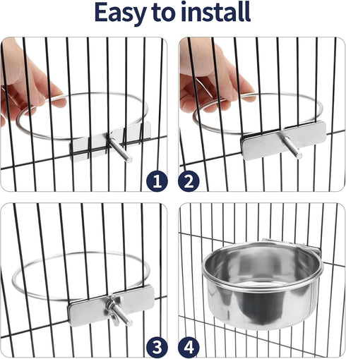 Bird Cage Feeder, 40oz Stainless Steel Food Water Bowl with Clamp for Small Animals
