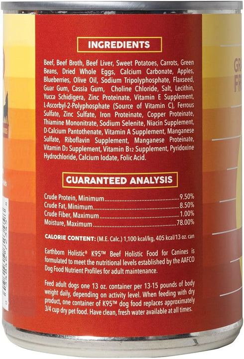 K95 13 oz Earthborn Holistic Beef Recipe Grain-Free Canned Moist Dog Food Can