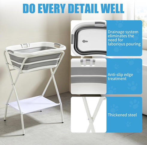 GDIFLS 38.8 Inch Foldable Pet Bathtub with Stand - Height Elevated Bathing Tub for Cats & Small Dogs, Drainage Tube