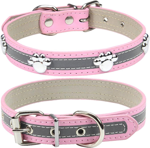 Reflective Dog Collar with Cute Paw Rivet Studded, Soft PU Leather Adjustable for Small Medium Large Dogs Cats, Pink,