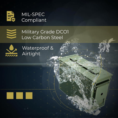 50 Cal Ammo Can M2A2, Steel Waterproof Metal Box for Storage, Military Spec Certified Utility Dry Ammo Box