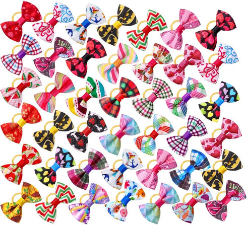 100pcs Handmade Yorkie Dog Hair Grooming Bows, 1.37x0.98 inch, Mix Puppy Dog Bowknot for Small Dogs Cats