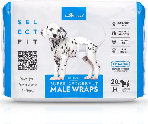 Paw Inspired Select Fit Male Dog Diapers, Disposable Male Wraps with Wetness