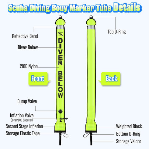 Seafard High Visibility Diving Surface Marker Buoy (SMB), Inflatable Scuba Signal Tube with Reflective Band, Safety