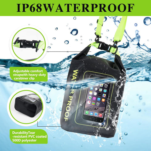 IP68 Waterproof Dry Bag, 2L - Roll Top Waterproof Pool Bag,Dry Bags for Kayaking Waterproof-w/Phone Pouch,Large Waterproof Phone Pouch,Boating & Kayak Accessories Camping (Black 5L)
