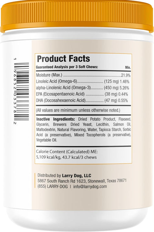 Salmon Oil for Dogs by Larry, Dog Supplements for Itchy Skin & Allergy Relief, 120 Soft Chews for All Breeds