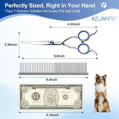 KEJNHPU 6.8 Inches, Professional Dog Grooming Kit Curved Dog Grooming Scissors with Safety Round Tips, Dog Scissors