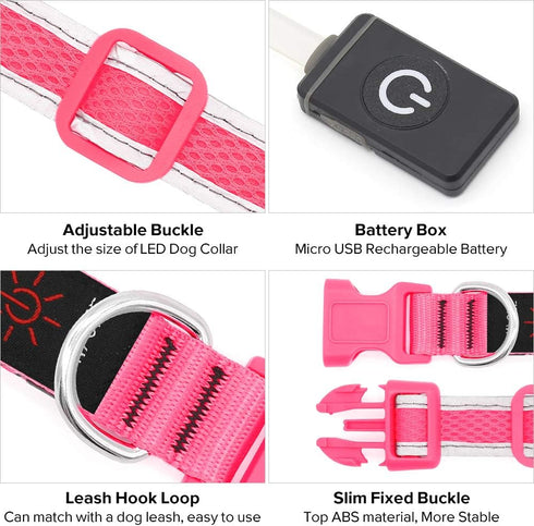 BSEEN Light Up Dog Collars - Adjustable Reflective LED Dog Collar, Rechargeable Camping Gear for Small Medium Large