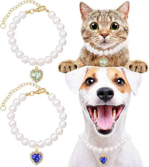 Cat Dog Pearl Necklace Collar 2pcs, Cute Fancy Jewelry Accessories with Heart Shape Rhinestone for Small Pets