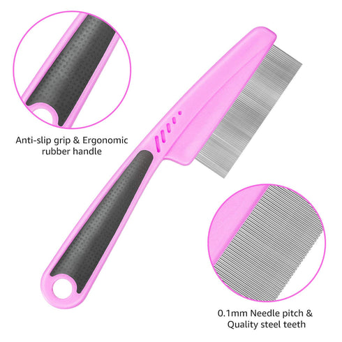 Flea Comb for Dogs & Cats, 5 Pieces Grooming Set with Metal Teeth and Storage Pouch (Pink)