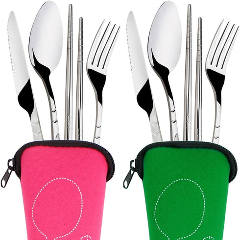 8 Pieces Flatware Sets Knife, Fork, Spoon, Chopsticks, SENHAI 2 Pack Rustproof Stainless Steel Tableware Dinnerware with Carrying Case for Traveling Camping Picnic Working Hiking(Green,Pink) by SENHAI