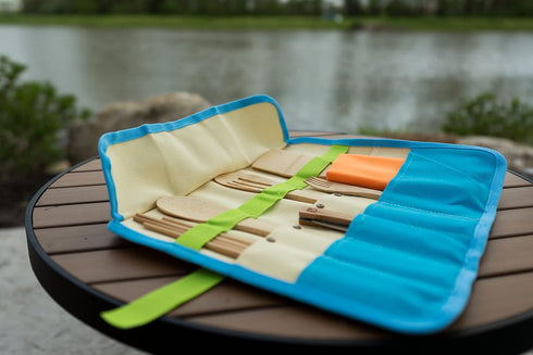 ust Camp Kitchen Roll Up with 7 Piece Bamboo Utensil Set in Portable Organizer for Cooking, Camping, Everyday Use