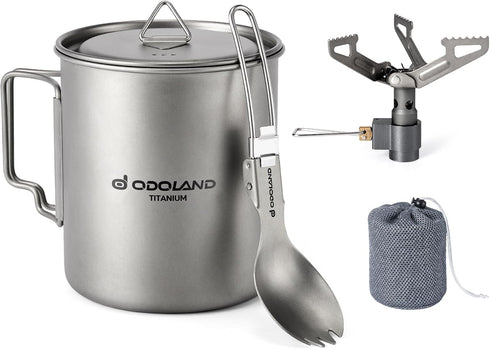 Odoland 750ML Titanium Camping Cookware Pot with Stove and Spork, Portable for Backpacking and Hiking