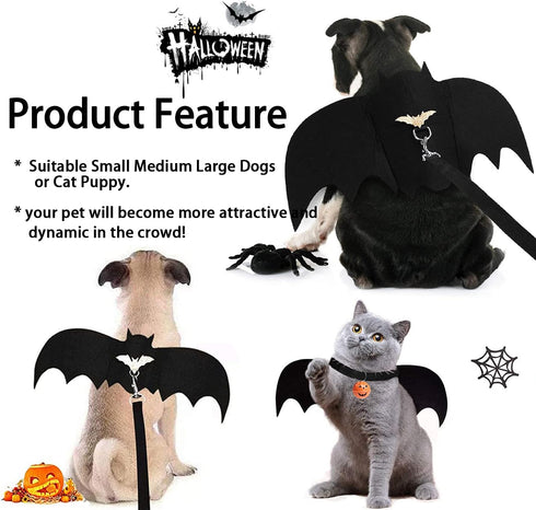 Halloween Dog Costume, Pet Bat Wings for Medium & Large Dogs, Adjustable Bat Wing Cosplay Apparel with Leash and Bells