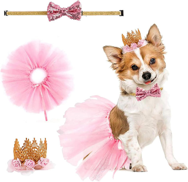Dog Tutu Skirt, Birthday Party Supplies with Pink Bowtie and Crown Hat for Dog Princess Costume