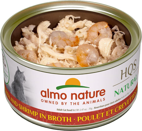 almo nature HQS Natural Chicken & Shrimp, Grain Free, Adult Cat Canned Wet Food, Shredded, 24 x 2.47 oz