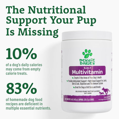 Doggie Dailies 5 in 1 Multivitamin for Dogs, 225 Soft Chews - Supports Skin & Coat, Joint Health, Digestion, Immune
