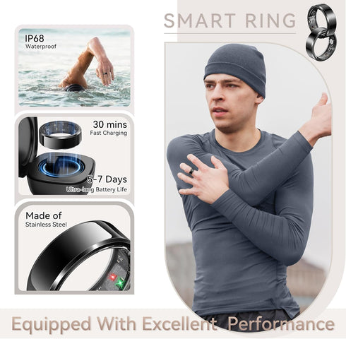 PJIVE Counter, IP68 (Black,Size10 Smart Ring for Men, Fitness & Activity Tracker with Blood Pressure/Heart Rate