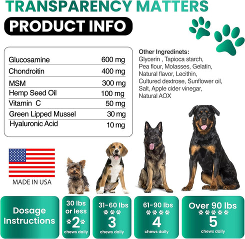 (2 Pack) Hemp Hip and Joint Supplement for Dogs, Glucosamine, 340 Dog Joint Pain Relief Treats, Mobility Support