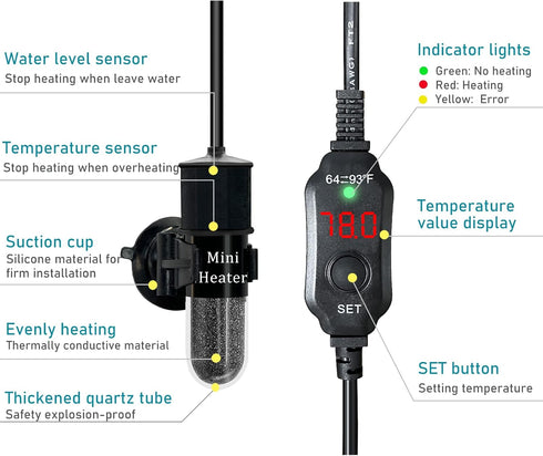 Mini Submersible Aquarium Heater, Adjustable 25/50/100/150/200/300 Watts, Built-in Thermometer, for 1-60 Gallons (20W