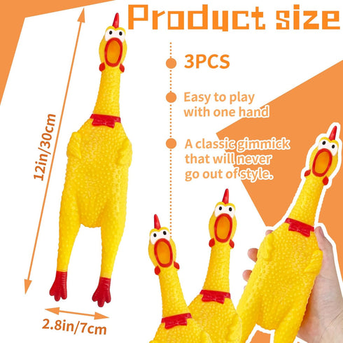 Xeehwb 3 Chicken,12 Inch Pcs Large Rubber Yellow Rubber Squawking Chickens,Screaming Chicken Dog Toys,Prank Noise Maker