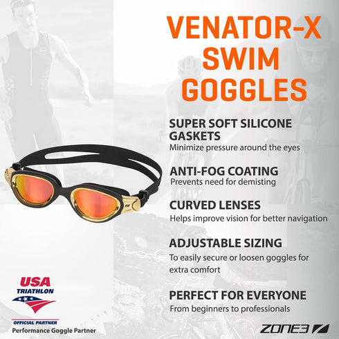 ZONE3 Venator-X Anti-Fog Swim Goggles with Wide Angle Lenses and Soft Silicone Gaskets for Training