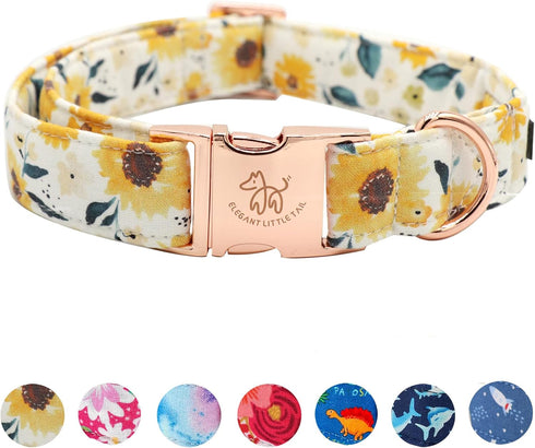 Elegant Little Tail Dog Collar - Sunflower Pattern, Durable Adjustable Cute Collar for Small Dogs, Summer Fall Gift.