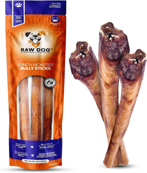 Raw Dog Bully Sticks All-Natural Dog Treats, 12 inch Monster Size, 3